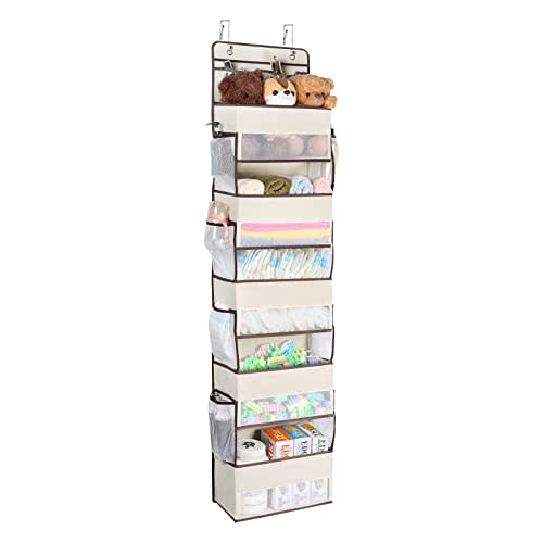 Univivi Over The Door Organizer - Wall Mount Hanging Organizer with 5 Large Compartments, 2 Small PVC Pockets and 8 Mesh Side Pockets for Cosmetics, Toys and Sundries (Beige)