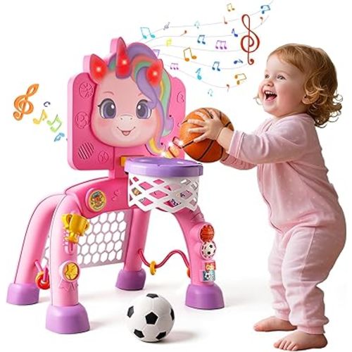 JMMICO Toddler Basketball Hoop & Soccer Goal Activity Center, Interactive Toys with Light Music,Unicorn Toddlers Musical Toys Gift, Baby Birthday Easter Gifts Gift for 1 2 3 Year Old Boys Girls