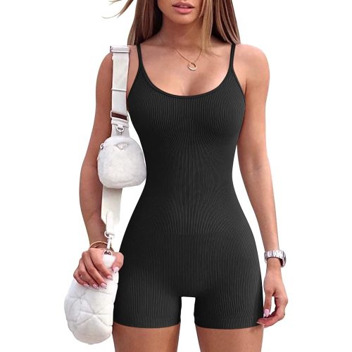 Women Workout Seamless Jumpsuit Yoga Ribbed Bodycon One Piece Spaghetti Strap Shorts Romper