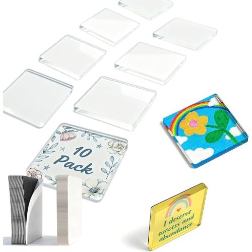 10 Pack 2"x2" Clear Acrylic DIY Fridge Magnets Set with Adhesive Backing – Square Magnetic Photo Frames for Crafts, Kitchen, Classroom, Party & Office Decoration