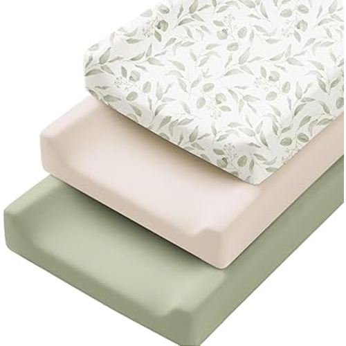 Konssy 3 Pack Stretchy Changing Pad Covers for Girl, Boy, Silky Soft Changing Table Cover, Breathable Baby Nursery Diaper Chang Pad Sheets (Green Leaves)