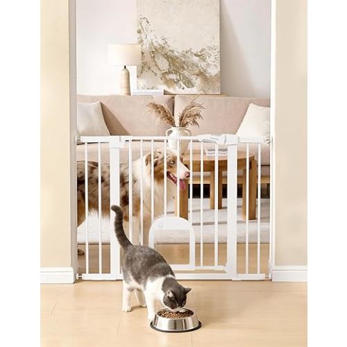 Babelio Upgraded Baby Gate with Cat Door, 29-43" Auto Close Durable Dog Gate for Stairs, Doorways and House, Easy Walk Thru Safety Gate with Pet Door Includes 4 Wall Cups, Black