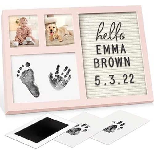 Baby Hand and Footprint Kit with Felt Letterboard, Inkless Ink Pad - Personalized Baby Gifts, Baby Footprint Kit, Newborn Keepsake Baby Handprint Kit, Dog Paw Print Kit (Petal Pink)
