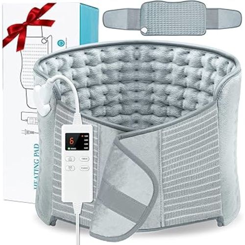 Heating Pad for Back Pain Relief, Upgraded (12"x24"+26'') Extra Large Heating Pad for Period Cramps with 4 Timers Auto Shut Off & 6 Heat Levels, Electric Heating Pad for Lower Back Neck Shoulder, Gray