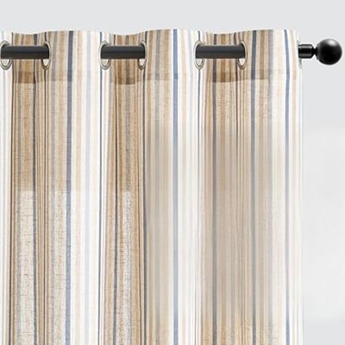 Vangao Linen Stripe Blue Curtains Tickingstripe Light Filtering Nursery Curtains Colorful Printed Drapes 63 Inches Long for Living Room Boys Bedroom 2 Panels Colorful Blue