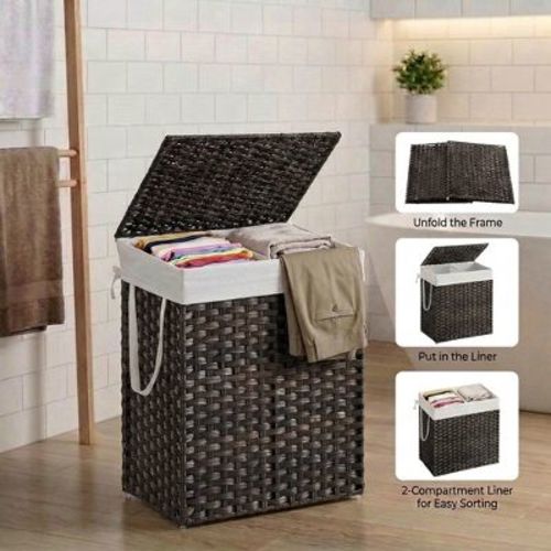 SONGMICS 110L Laundry Hamper with Lid Clothes Hamper with 2 Removable Liner Bags & 6 Mesh Bags Brown