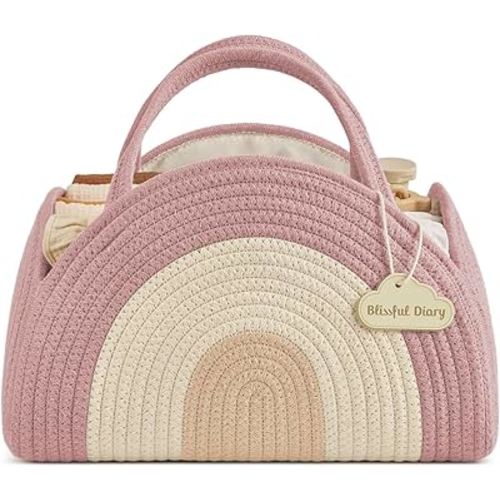 Blissful Diary Baby Diaper Caddy Organizer, Cotton Rope Diaper Caddy Basket, Large Storage Basket for Newborn Boys and Girls, Gift for Baby Shower List, Newborn Essentials, Blush Rainbow