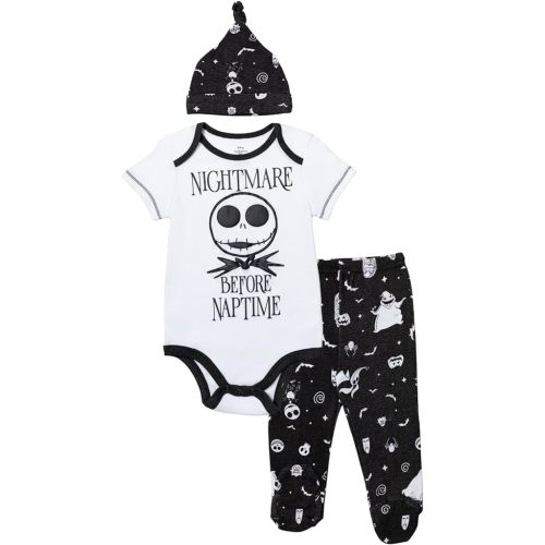 Disney Nightmare Before Christmas Zero Sally Oogie Boogie Baby Bodysuit Pants and Hat 3 Piece Outfit Set Newborn to Infant