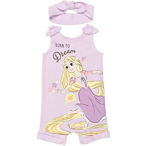 Disney Princess Rapunzel Ariel Belle Jasmine Aurora Baby Girls Snap Romper and Headband Newborn to Toddler