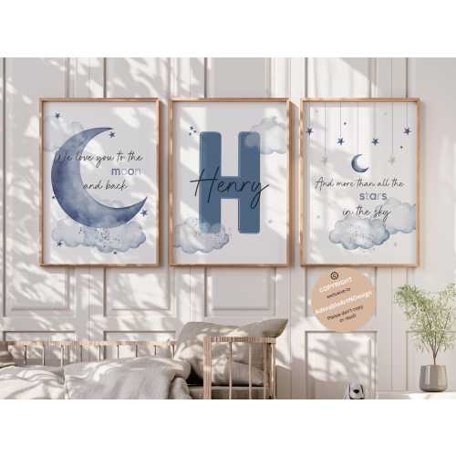 Moon  Stars cloud Nursery, Nursery wall art print, Boy nursery decor, Personalized name nursery,  baby boy nursery room decor, blue nursery