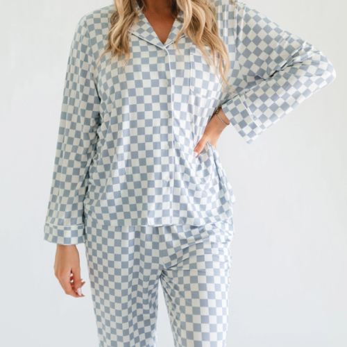Women's Button Up Set In Cornflower Blue Checkered