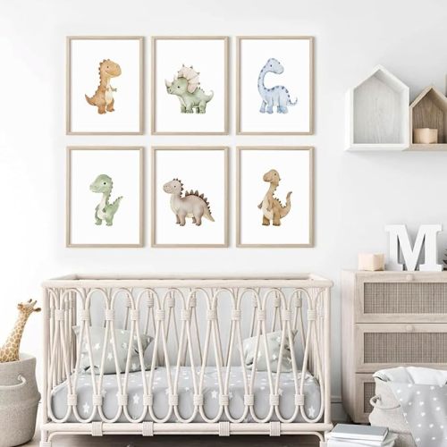 Dinosaur Nursery Wall Art Kids Canvas Poster Boys Room Wall Decor Watercolor Dino Wall Art Toddler Baby Pictures Dinosaur Prints Nursery Artwork for Boys Room Bedroom 8x10x6 Inch Wood Framed