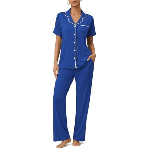 ZMJ Womens Pajamas Sets 2 Piece Button Up Pj Sets Short Sleeve with Long Pant
