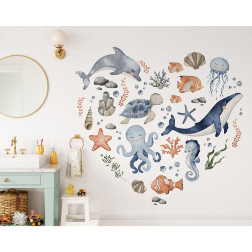 Wall Stickers Set Sea Animals, Ocean Underwater World Wall Sticker Baby Room, Underwater Nursery Wall Decal, Watercolor Narval Wall Sticker