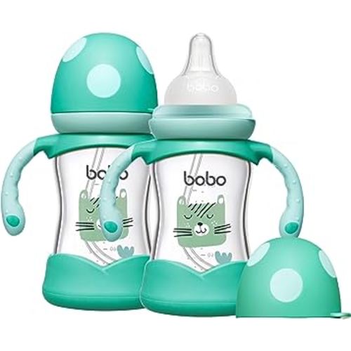 YOHKOH Natural Glass Baby Bottle with Natural Response Nipple, Wide Neck Baby Bottles with Handle, Newborn Anti-Colic Baby Bottles Gift Set, Clear (5.4oz (Pack of 2), Blue)
