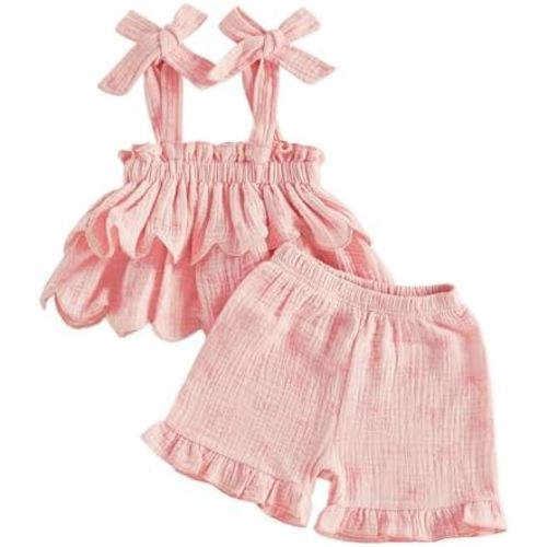 BeQeuewll Toddler Baby Girl Clothes Summer Linen Outfit Sleeveless Tie Up Tank Tops+Ruffled Shorts Little Girls 2 Pieces