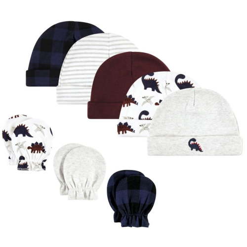 Hudson Baby Infant Boy Cotton Cap and Scratch Mitten Set, Burgundy Dino, 0-6 Months