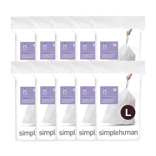 simplehuman Code L 200 Count Custom Fit Liners, Drawstring Kitchen Trash Bags, One-by-One Mess-Free Dispense, Extra Thick & Double Seamed, 50% PCR Plastic, 18 Liter / 4.7 Gallon, White