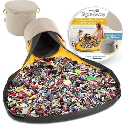Creative QT SlideAway Toy Storage Organizer & Extra Large 52" Play Mat, Collapsible Storage Bins for Building Bricks, Small Blocks, Toys, Drawstring Cleanup for Kids Playroom & Classroom, Beige