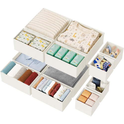 Sturdy Drawer Organizers (12-Pack) - Fabric Dresser Drawer Organizers & Dividers for Nursery Organization, Baby Organizers and Storage for Clothes, Socks & Underwear, White