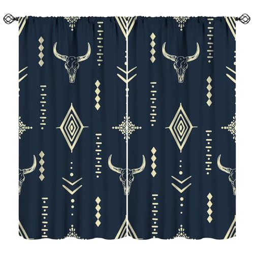 Western Blackout Curtains Bull Skull Boho Aesthetic Aztec Navy Blue Abstract Art Bedroom Living Room Kitchen Rod Pocket Decoration Window Drapes 2 Panels W21xL54in