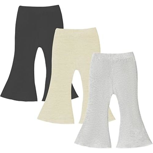 U·nikaka 3 Pack Baby Girl Flare Pants Solid Toddler Leggings Newborn Ribbed Ruffle Bell Bottoms Cotton Infant Pants Trousers