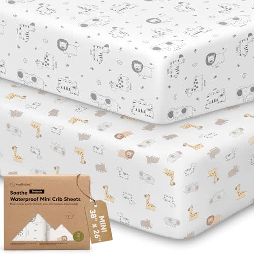 2 Pack and Play Sheets, Waterproof Mini Crib Sheets Fitted - 38x26 Organic Cotton Pack N Play Sheets for Graco Pack and Play Mattress, Playard Baby Crib Sheets,Neutral for Boy,Girl,Toddler(KeaSafari)
