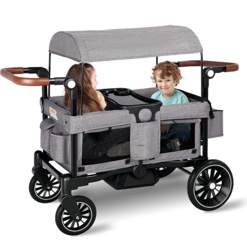 Folding Wagon Stroller for 2 Kids, Adjustable Handle, All-Terrain Shock-Absorbing Wheel, Detachable Tray, Diaper Bag