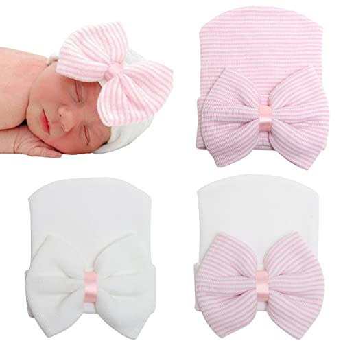 DRESHOW BQUBO Newborn Hospital Hat with Bow Cotton Infant Baby Cap Soft Cute Nursery Beanie Hat for Baby Girl Boy 0-3 Months