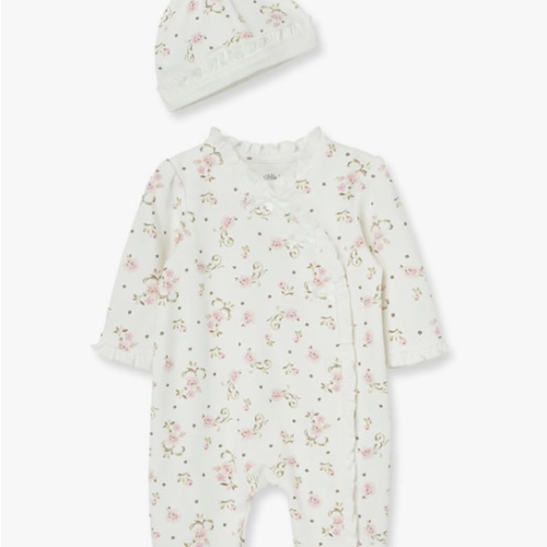 Little Me Clothes for Baby Girls 100% Cotton Scratch-Free Tag Footed One-Piece Romper and Hat Sleeper Set