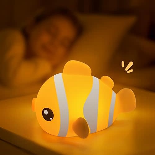 Cute Clownfish Night Light, Rechargeable LED Dimmable Silicone Lamp, Touch Control Novelty Bedside Light for Bedroom, Desk and Room Decor