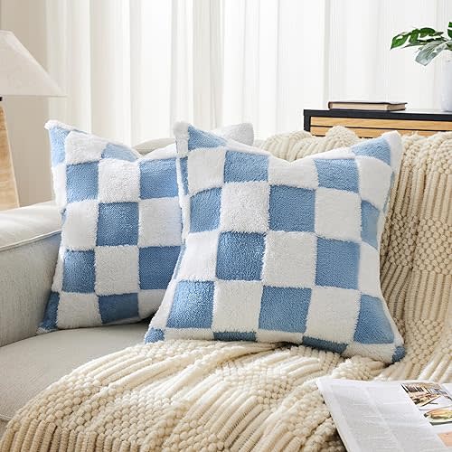 Checkered Jacquard Shag Throw Pillow Covers, Pack of 2 Fluffy Blue Cute Decorative Aesthetic Soft Checkered Throw Pillow Cases for Couch Sofa Bedroom,18x18 Inch