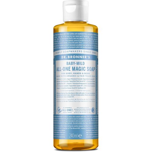 Dr. Bronner's - Pure-Castile Liquid Soap (Baby Unscented, 8 Ounce) - Made with Organic Oils, 18-in-1 Uses: Face, Hair, Laundry, Dishes, For Sensitive Skin, Babies, No Added Fragrance, Vegan, Non-GMO