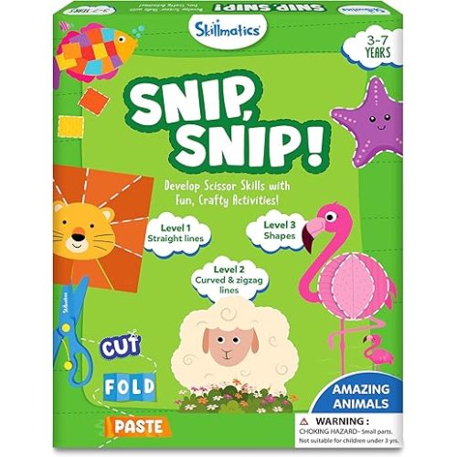 Skillmatics Scissor Skills Activity Book - Snip Snip Animals, 25 Fun Cutting & Creative Activities for Preschoolers, 2 Child-Safe Scissors, Felt Craft Kit, Gifts for Kids Ages 3, 4, 5, 6, 7