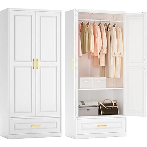 White Wardrobe Closet with Drawer, 71“ Tall Armoire Wardrobes with Doors and Shelves, Metal Armoire Wardrobe Closet with Hanging Rod, for Bedroom, Assembly Required