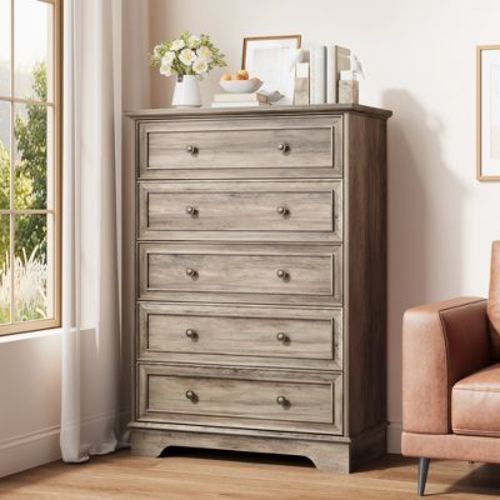 5-Drawer Farmhouse Dresser, Vertical Storage Cabinet with Wood Grain Finish - Tall Chest Organizer for Bedroom & Hallway, Gray