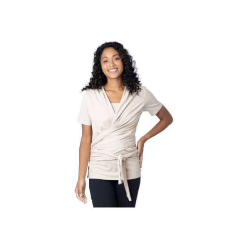Kindred Bravely Short Sleeve Skin to Skin Nursing Wrap Top, Kangaroo Shirt for Mom and Baby, Organic Cotton (Oatmeal Heather, Small)