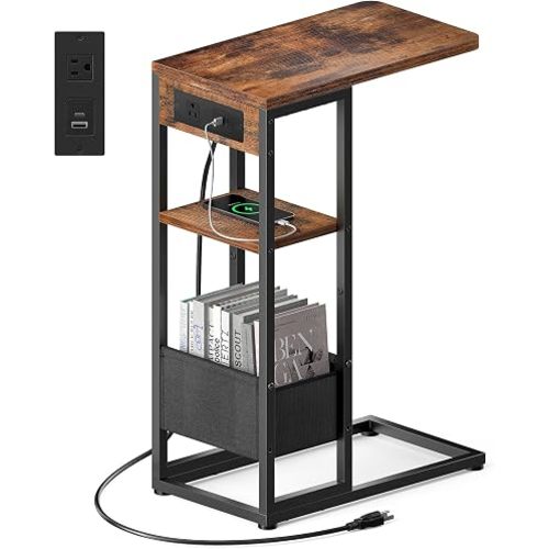 C Shaped End Table with Charging Station,3-Layer Sofa C Table Side Table, Slide Under Sofa Desk Snack Tables with Storage Bag w/AC U-S-B Port & Socket,Small Spaces Drink Tables for Living Room