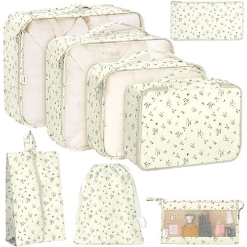 KPX 8 Set Packing Cubes for Travel, Luggage Packing Organizers Accessories Large Toiletries Bag for Clothes Shoes Cosmetics (8Set-Gray Flower)