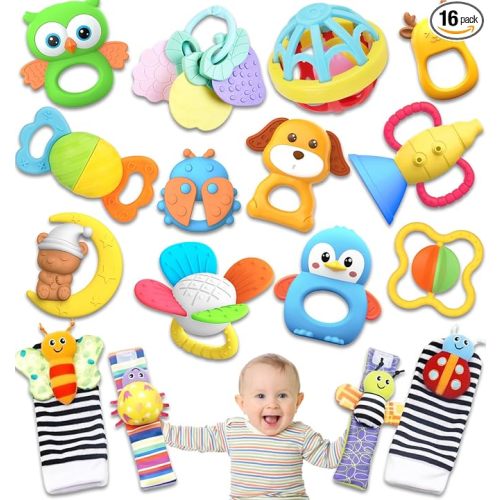 16 Pack Baby Rattles Teething Toys 3-6 Months, Baby Toys 0-6 Months, Newborn Infant Toys 6-12 Months, Essentials Must Haves Wrist Socks Toddler Stocking Stuffers Christmas Gifts