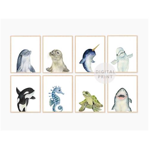 Set of 8 Ocean Nursery Prints, PRINTABLE, Ocean Animals Art, Under the Sea Wall Art, Gender Neutral Nursery Decor, Nautical Nursery Prints
