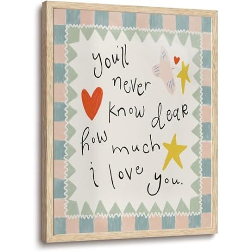 Colorful Cute Quote OAK Framed Wall Art You'll Never Know Dear How Much I Love You Wall Art Nursery Prints Abstract Illustration Decor for Children Room Bedroom 16x20