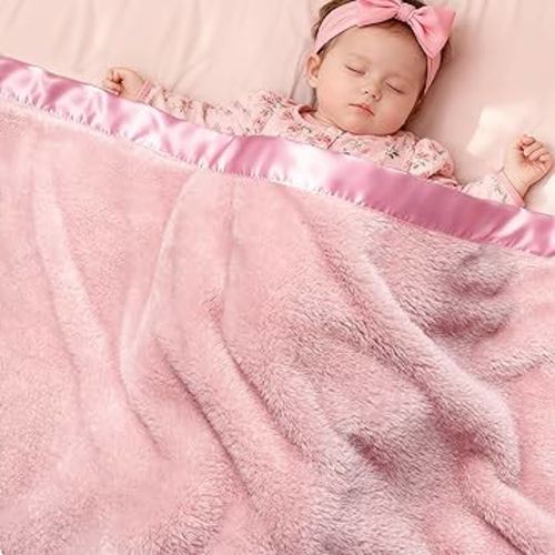 Pro Goleem Fleece Baby Blankets for Girls with 2 Inch Satin Trim, Super Soft Plush Receiving Blanket for Infant Toddler Newborn, Cozy 30x40 Inch Crib & Stroller Blanket (Pink)
