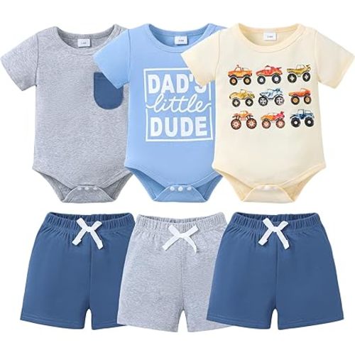 Jecson Newborn Boy Clothes Baby Boy Outfits Summer Set 6-Piece Cotton Short Sleeve Top and Shorts for 0-18M