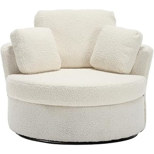 Swivel Barrel Chair, Modern Fabric Oversized 360 Degree Club Accent Arm Chairs, Single Round Living Room Sofa Chair w/ 3 Pillows for Nursery, Bedroom, Reading, Office, Ivory