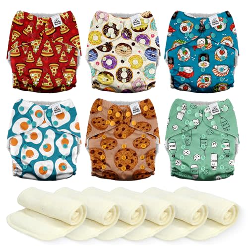 Mama Koala 3.0 Cloth Diapers for Babies, 6 Pack One Size Washable and Reusable Pocket Diapers for Newborns and Toddlers (Food Meeting)
