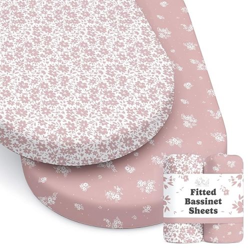 Baby Bassinet Sheets Girl (Antique Rose) 2-Pack - Fitted Bedside Bassinet Sheets - Buttery Soft Cotton Blend for Standard Mattress Pad - Compatible with Halo BassiNest
