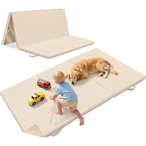 39X59Inch Vegan Leather Play Mat for Baby Trifold Thick | Soft Padded Foam Floor Mat for Kids Playroom | Foldable Playmat | Non-Slip Removable Cover Washable Child Waterproof Playmat