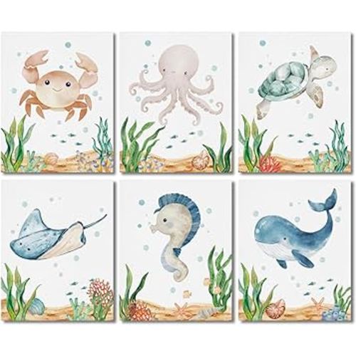 6 PCs Cute Ocean Canvas Wall Art Framed Art Sea Animals Watercolor Nautical Wall Decor Nursery Decor Paintings Artwork Ocean Themed Classroom Bedroom Playroom Toddler Boys Girls Room Decorations