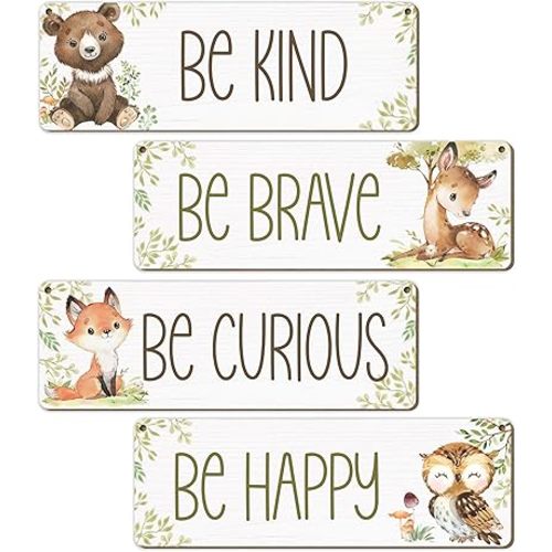 Woodland Nursery Decor, Jungle Safari Animals Boysroom Wall Sign Art, Be Kind Brave Curious Happy Decorations for Kids Boys, 4 Pieces Wood Sign, 3.9x11.8 In-A03